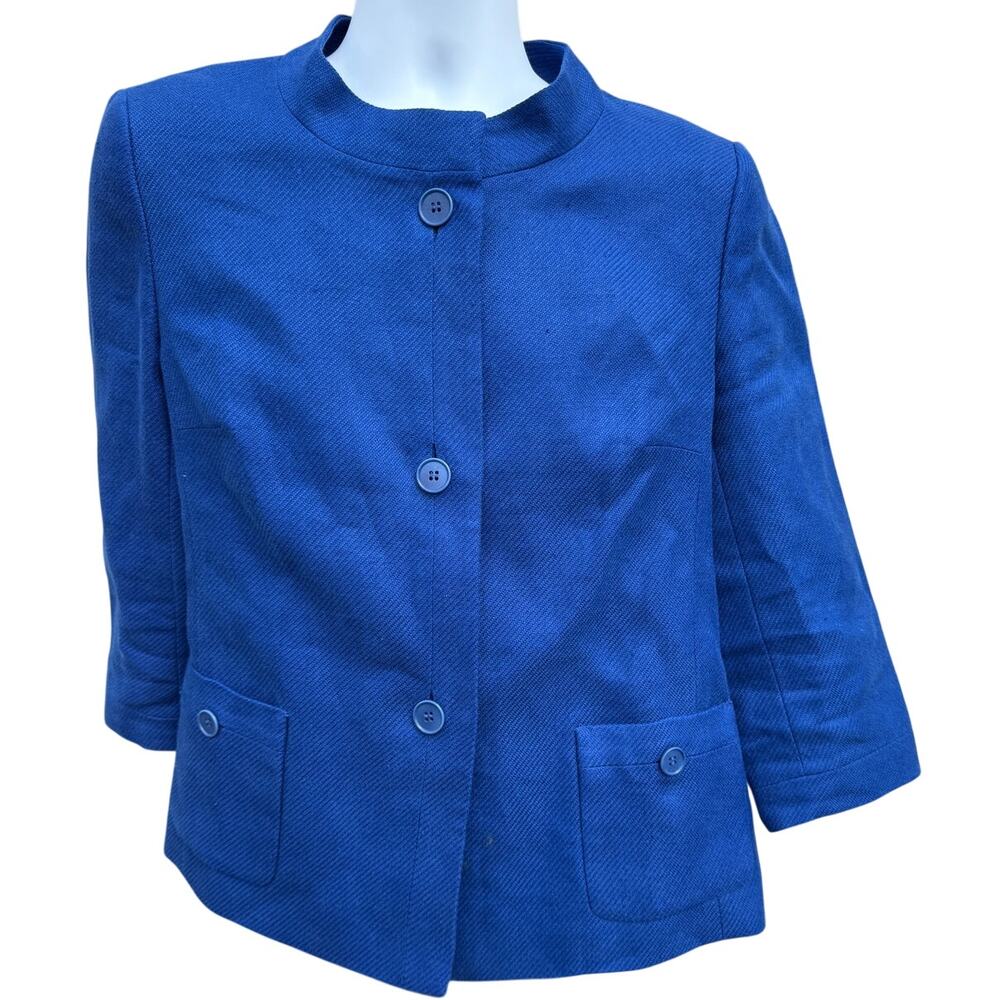 Talbots Womens 14 100% Linen Button Front Royal Blue Heavyweight Blazer Jacket